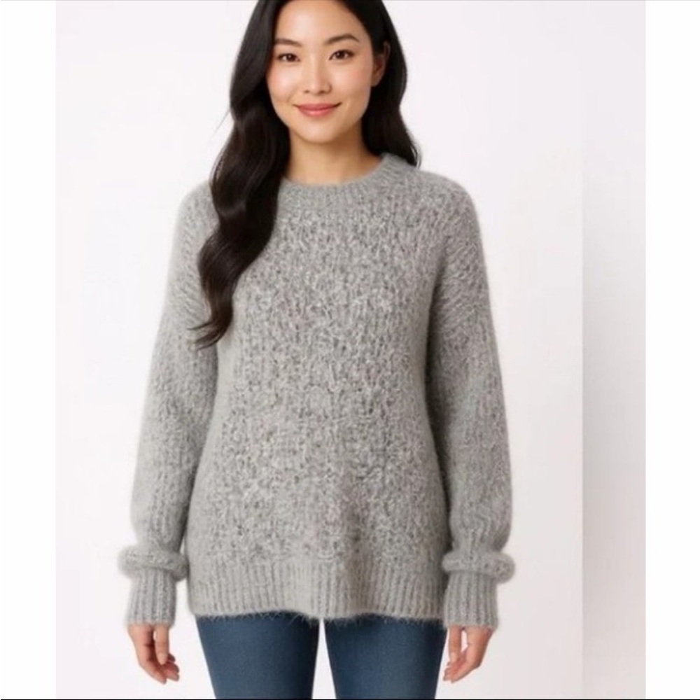 Magaschoni Mohair Wool Sweater Gray Fuzzy Knit Pullover Luxury Soft Size M NWT